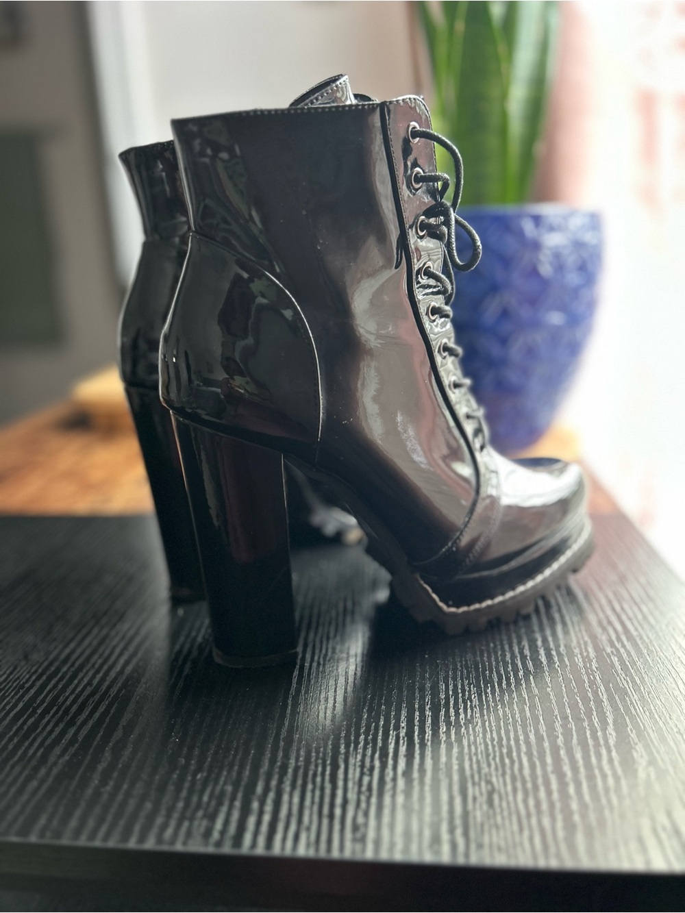 Fashion Nova Women's Sexy Black Patent Lace-Up Platform Ankle Boots-Very Durable